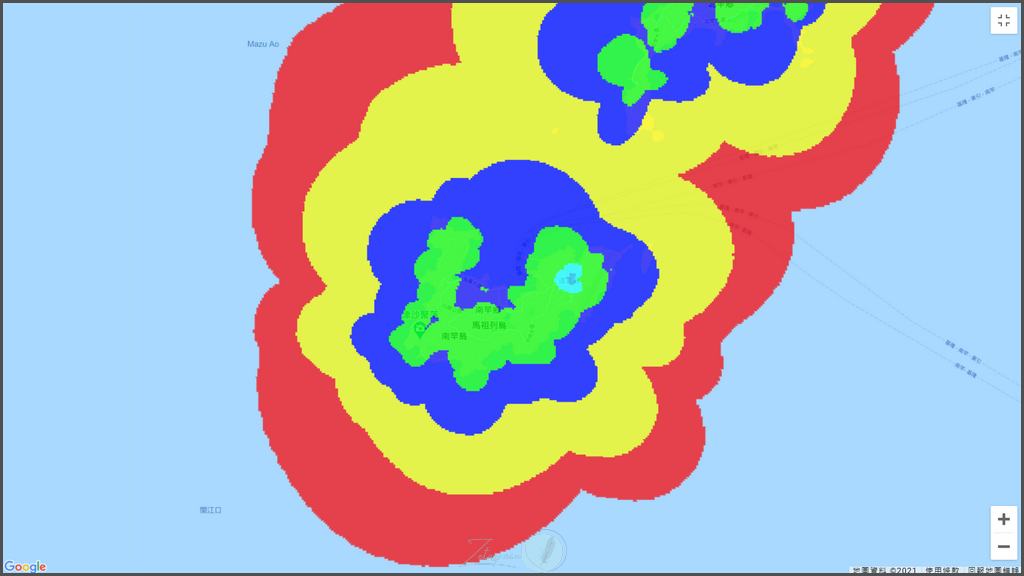 細看南竿區會發現中間有一塊藍色範圍顯示收訊較差，看起來雖然還在接受範圍之內但是實際上只要經過連通話都很容易斷線。